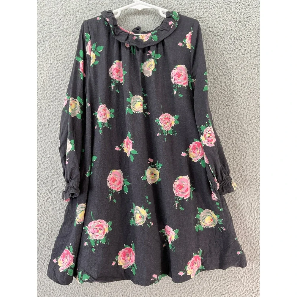 Mini Boden Floral Dress Kids 7-8Y Black Rose Print Autumnal Long Sleeve Ruffle